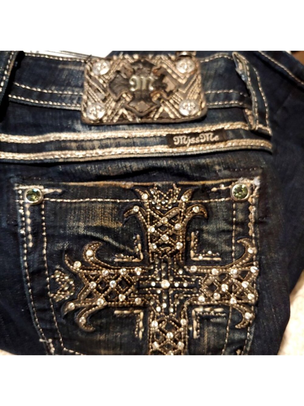 Miss Me Dark Blue Denim Shorts with Embellished Cross Detail